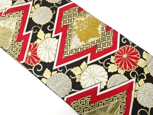 アンティーク　松皮菱に桐・菊唐草模様織り出し袋帯（着用可）